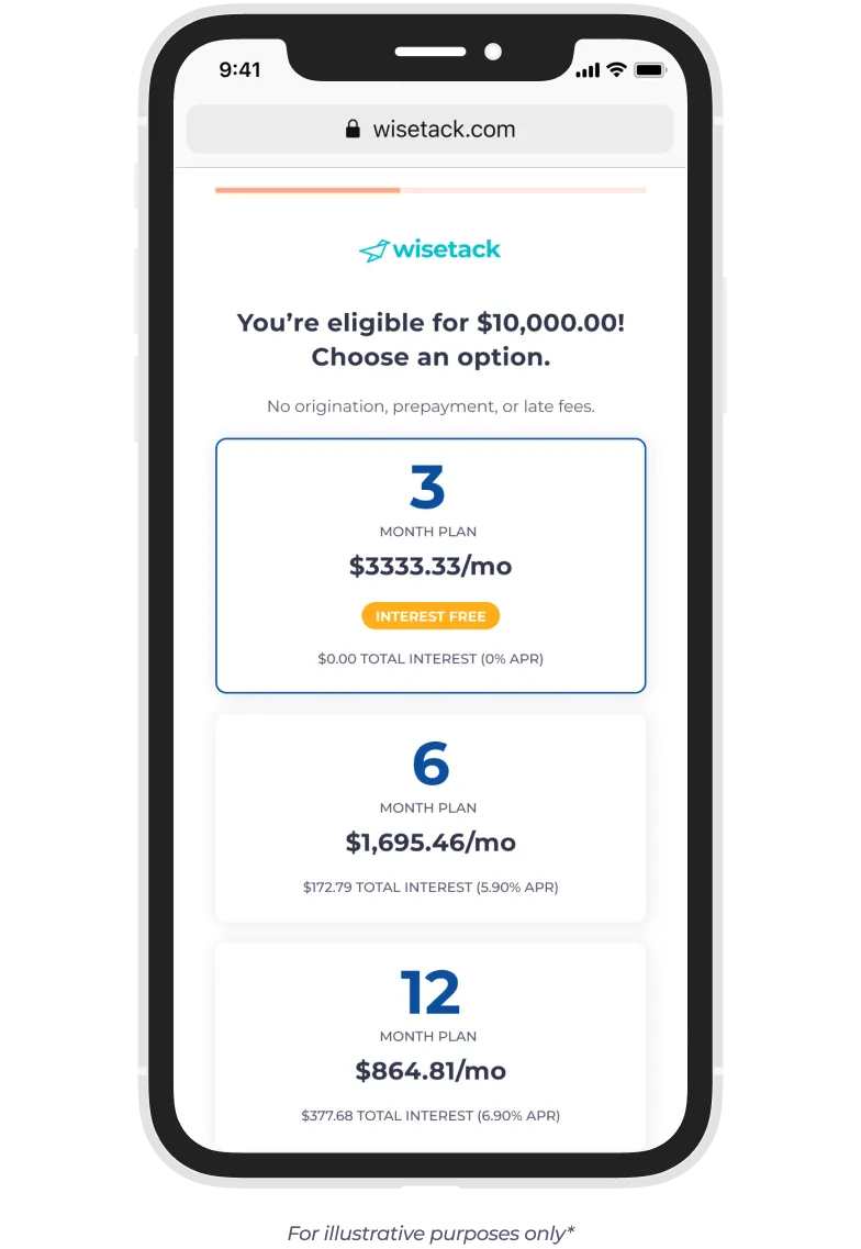Wisetack financing offer screen showing example monthly payment plans